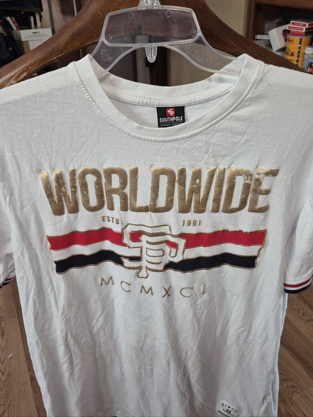 Y2K Era Southpole "Worldwide" Graphic Tee in White with Red & Black Stripes